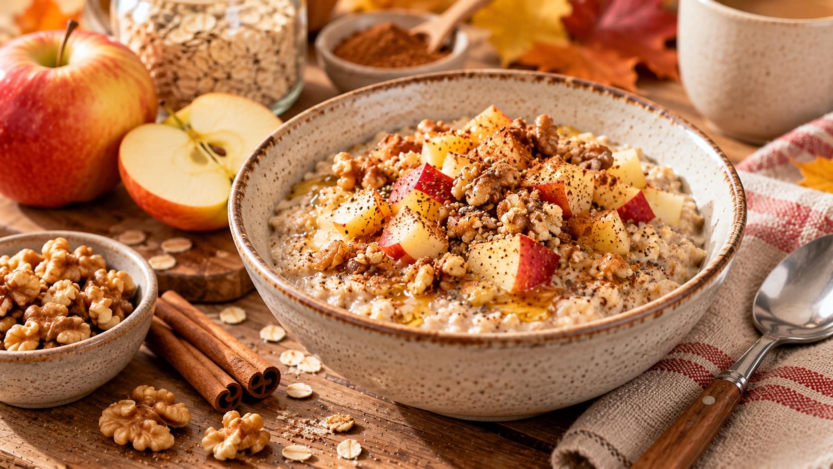 Herbstlicher Apfel-Zimt-Porridge mit Haferflocken, Apfelstücken und Baumnüssen in einer Keramikschüssel